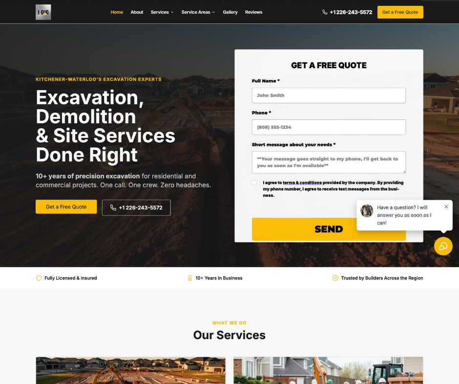 Contractor website example showing excavation and site services lead generation improvements