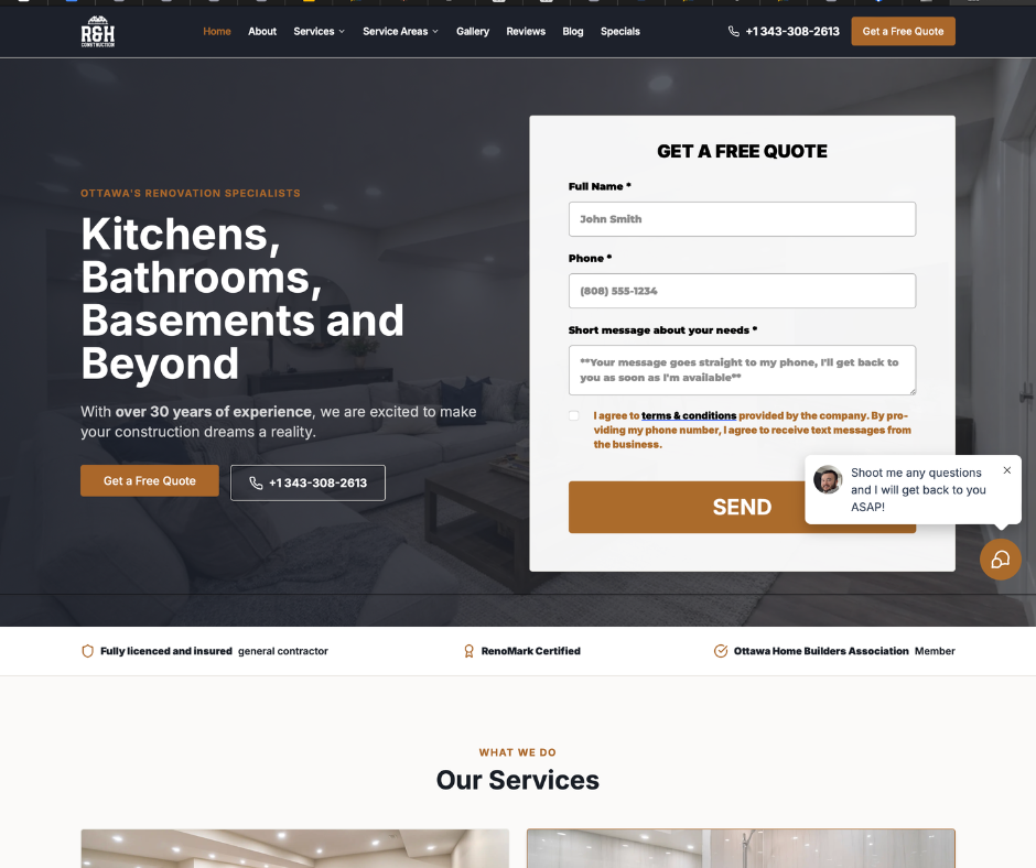 Contractor website example showing renovation and construction lead generation improvements